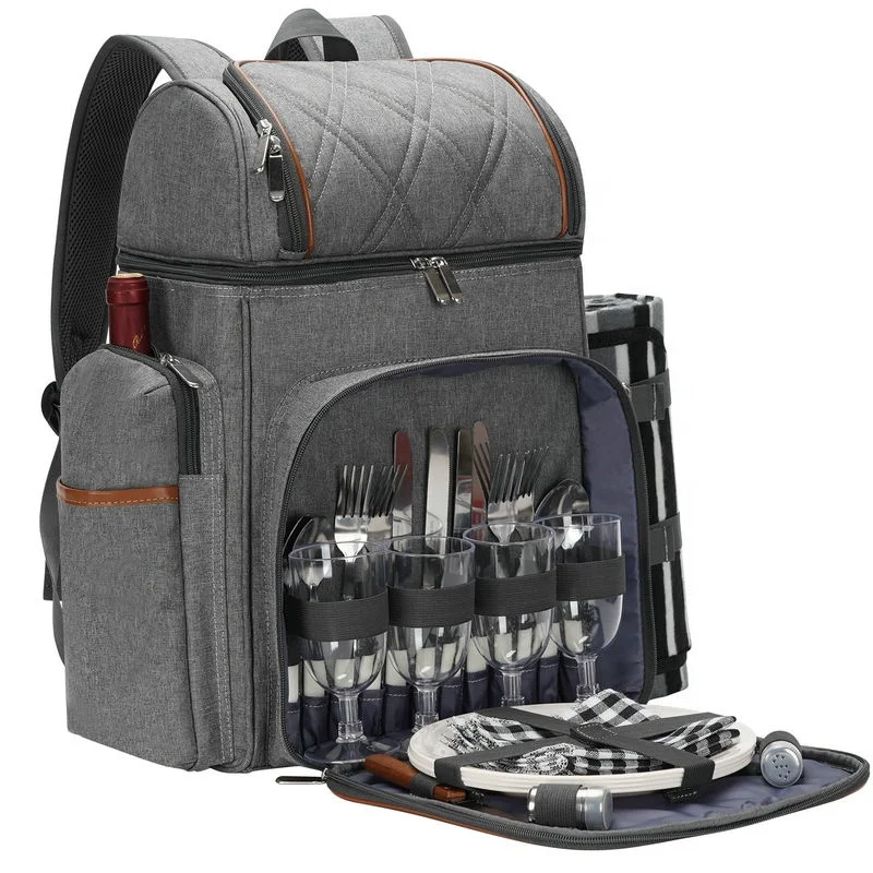 Picnic Backpack Bag Insulated Leakproof Cooler Compartment Wine Holder Picnic Blanket Plates Cutlery Set for Beach Camping Party