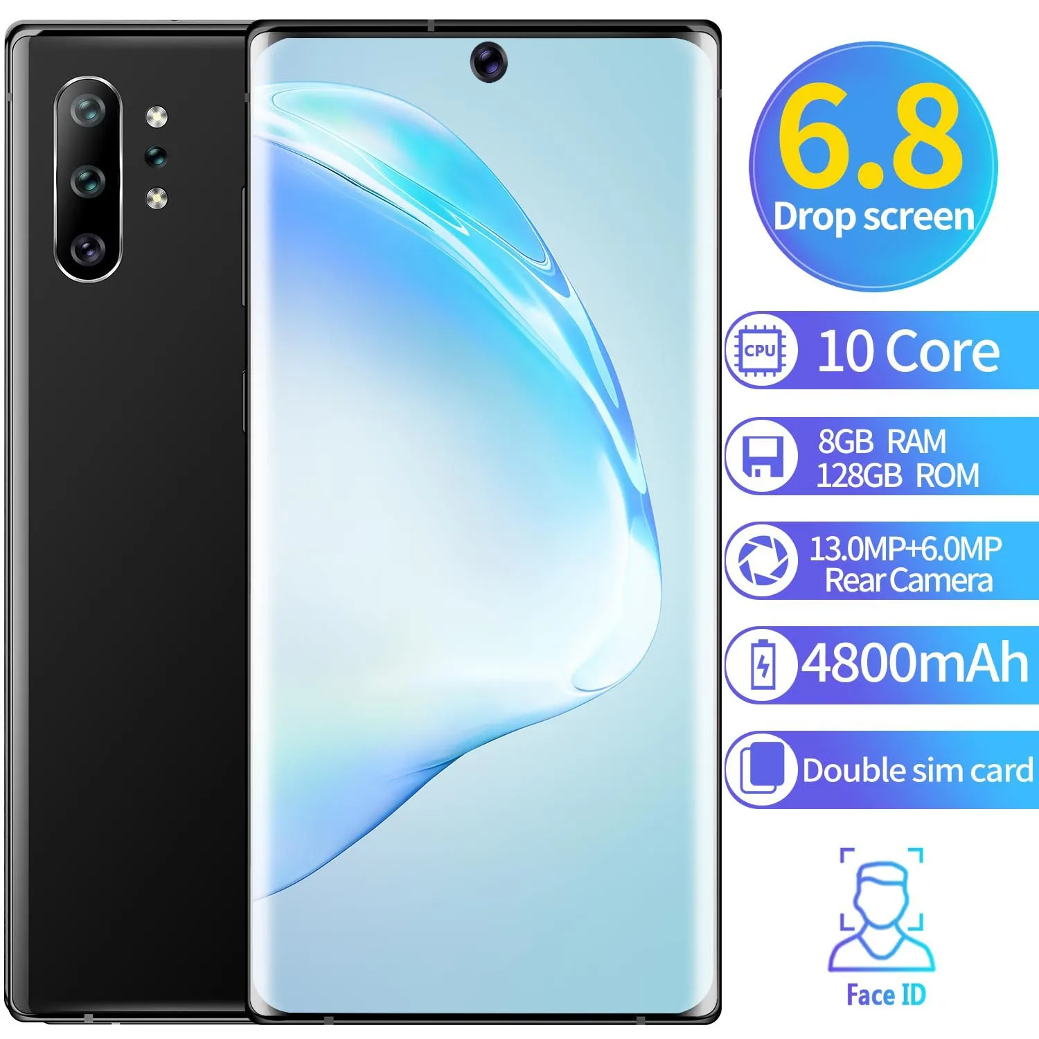 Смартфон Note10 Plus 6 5 дюйма 4 ядра Android 9 1 Face ID ОЗУ 2 Гб ПЗУ
