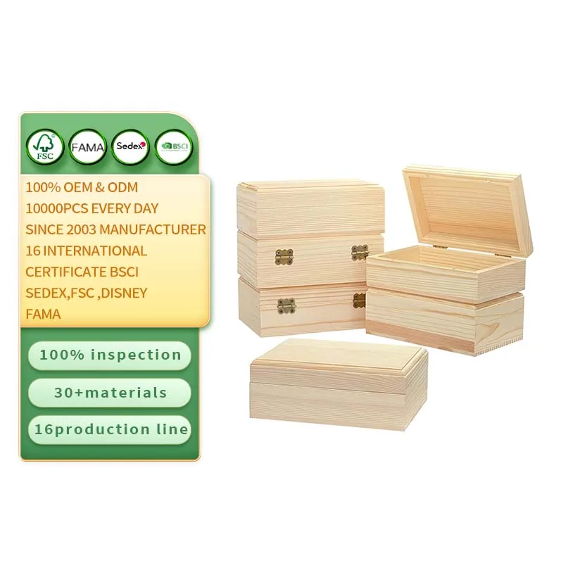 Wooden Box Unfinished Rectangle Pine Wood Box for Crafts Magnetic Hinged Lid