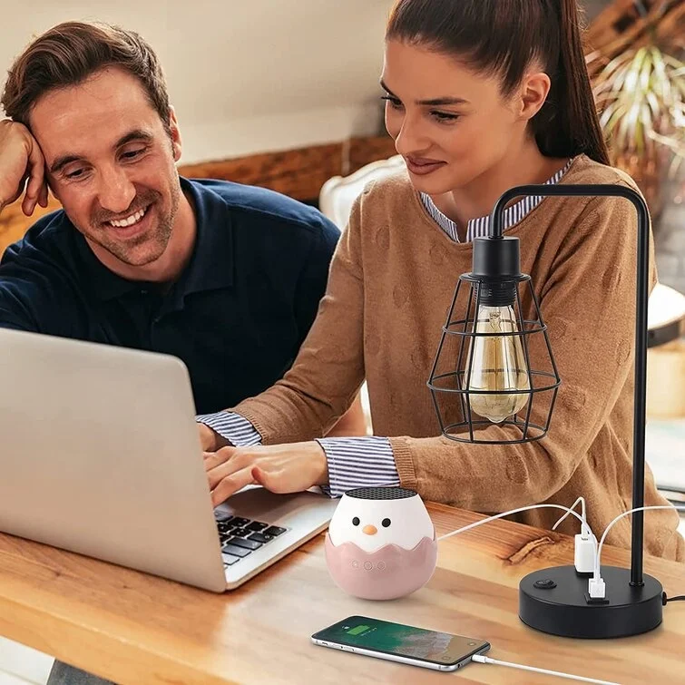 Modern Black Bedside Lamp With Dual Usb Charging Ports And Ac Outlet Lamp With Metal Cage Shade