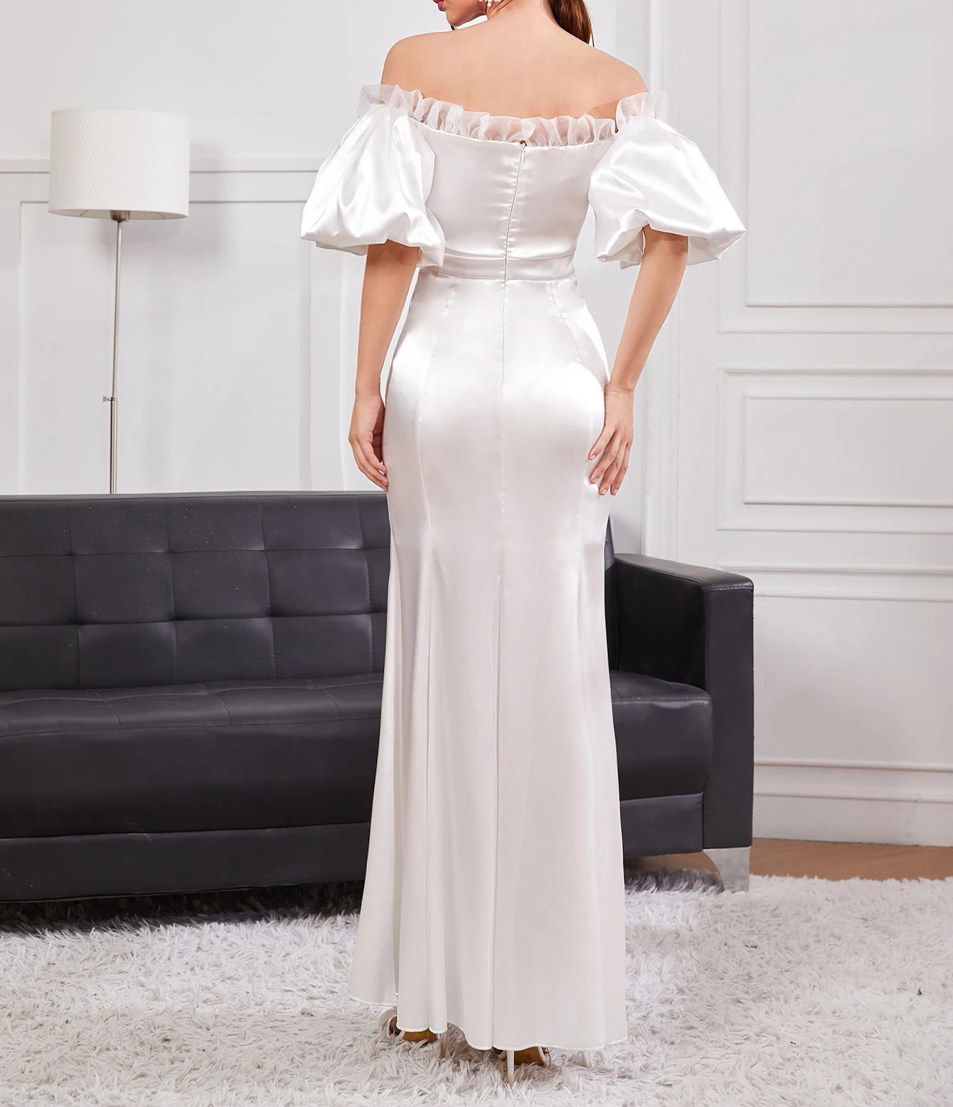 OEM Custom Women Off The Shoulder Lantern Short Sleeve Ruffle Details Fit and Flare Satin Maxi Dress