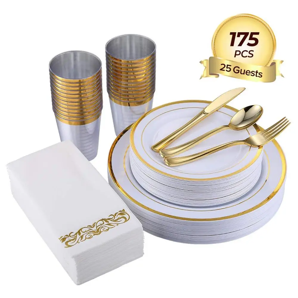 175PCS Gold Disposable Dinnerware Sets for Party Wedding