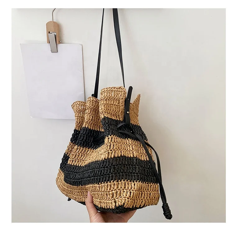 Fashion ladies holiday beach tote summer crochet bag designer stripe straw bag handmade shoulder bags