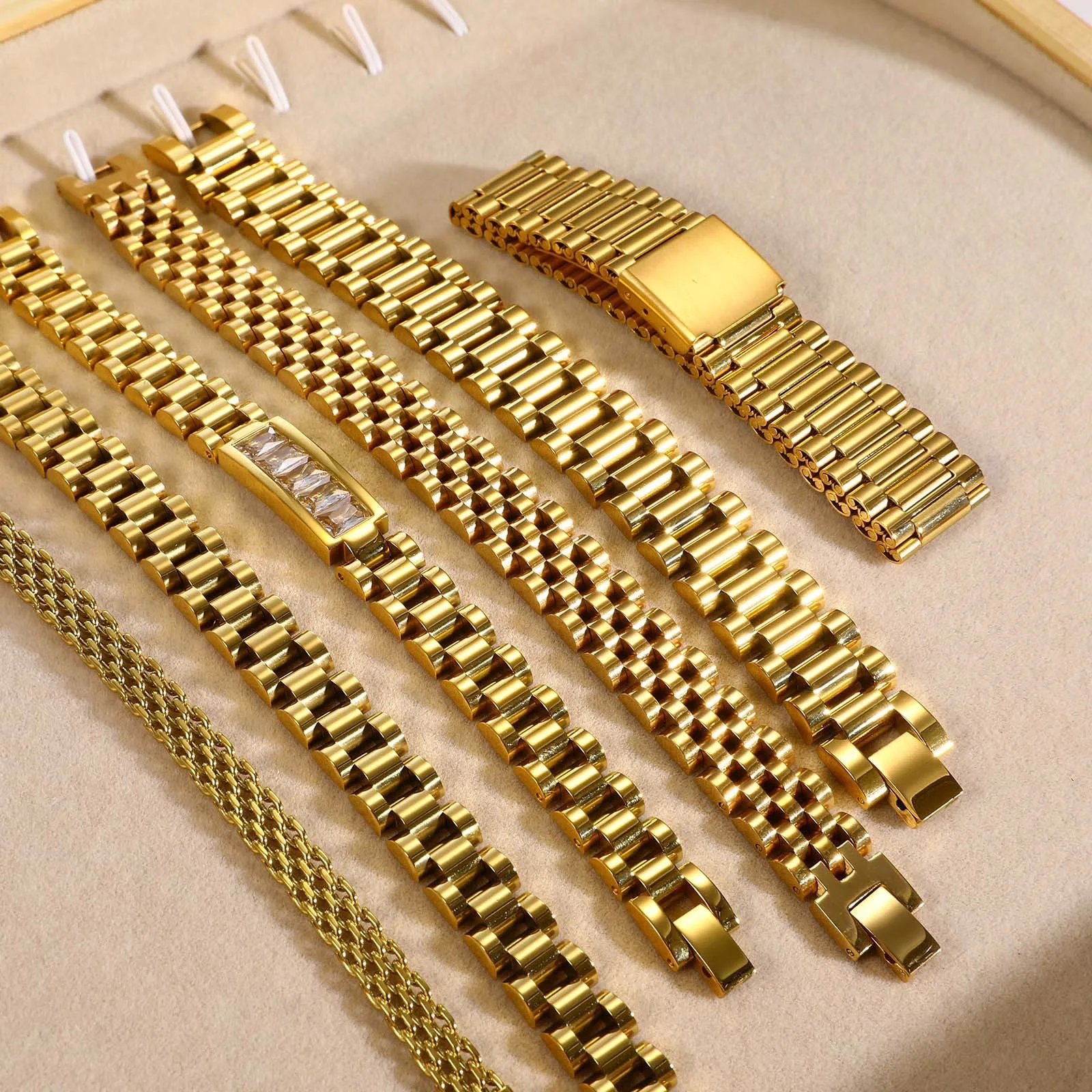 High Quality Stainless Steel Jewelry Geometric Gold Plated Chain Link Watch Band Bracelet for Women Men