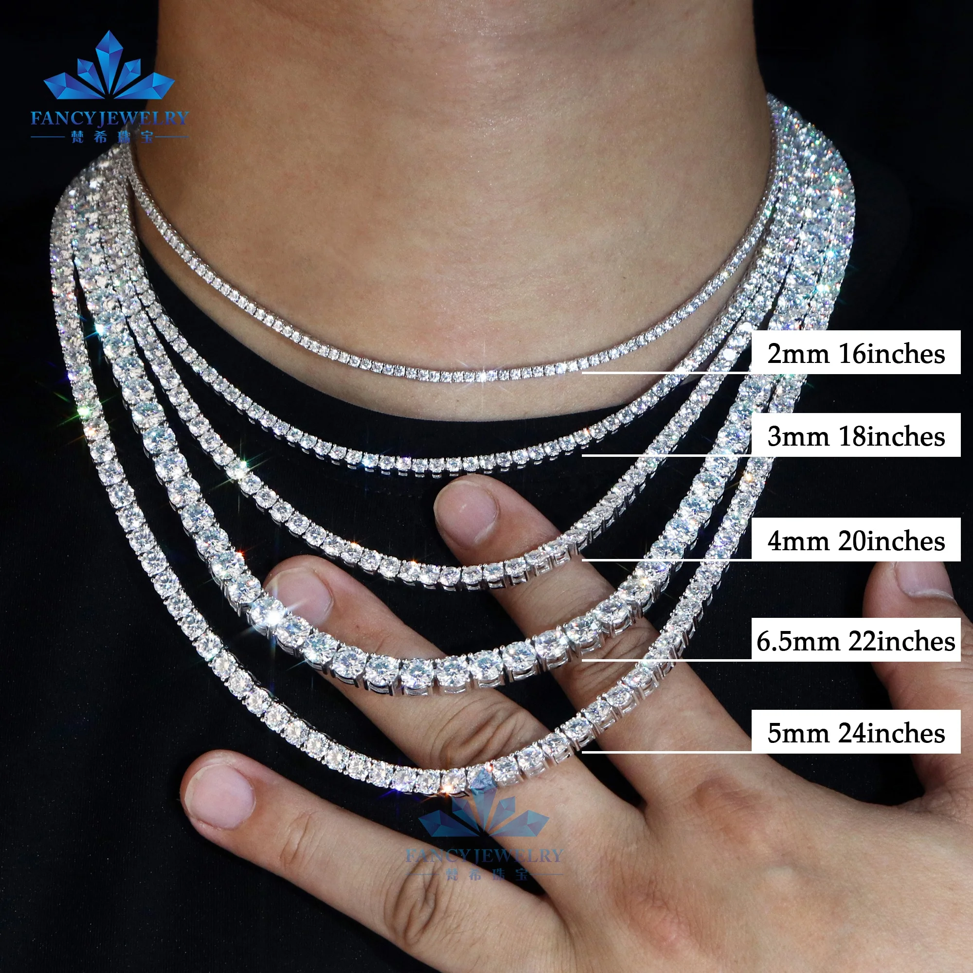 Factory Price 2mm 3mm 4mm 5mm 6.5mm diamond moissanite 925 sterling silver Hip Hop tennis cuban necklace for men