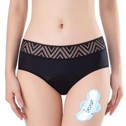 10027 Women Mid waist Menstrual pants Washable Incontinence leak proof Underwear bamboo lace 4 Layers Period Panties