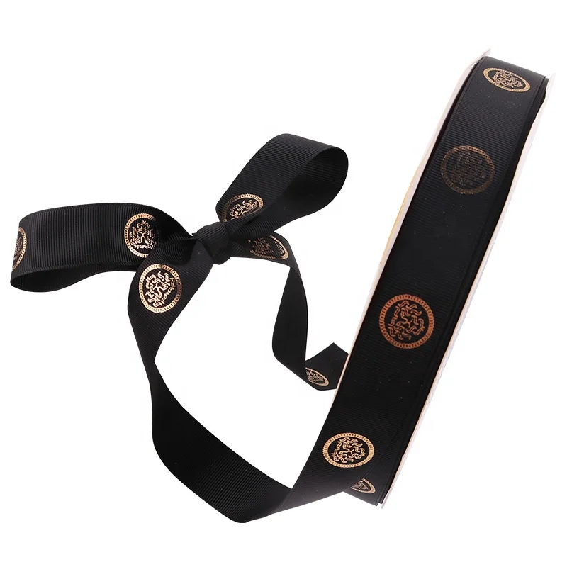 ECO friendly 2.5 cm White logo printing Gold foil printing ribbons Brand Artwork Colorful Satin Grosgrain Ribbon for Packaging