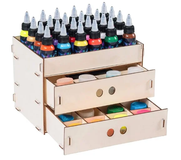48 Removable Grids Storage for Model Parts Ink Bottles Wooden Paint Organizer Pigments Holder Rack with 2 Cabinet Drawers