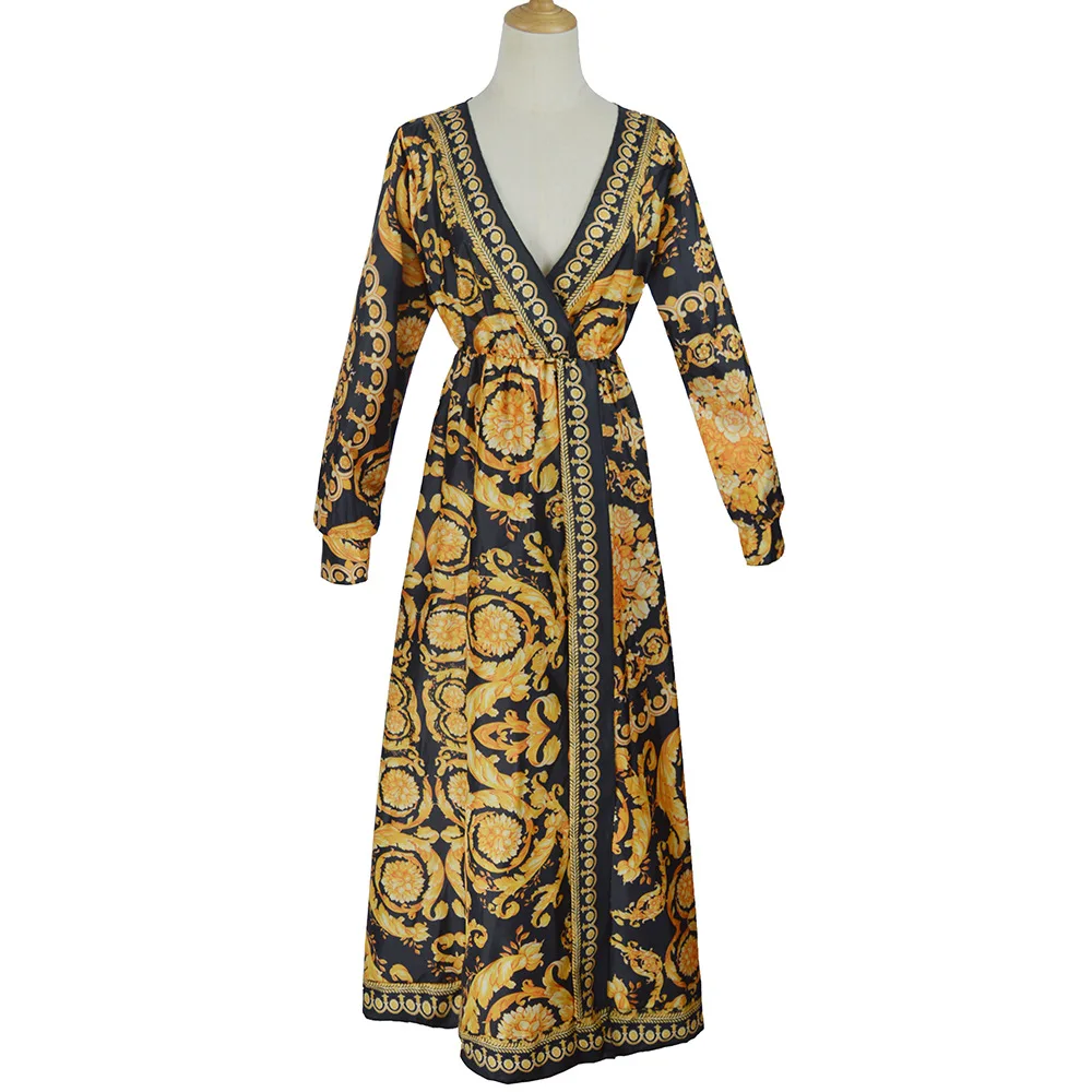 Foreign trade hot style sexy deep V slit dress print skirt evening dresses ball-gown skirt