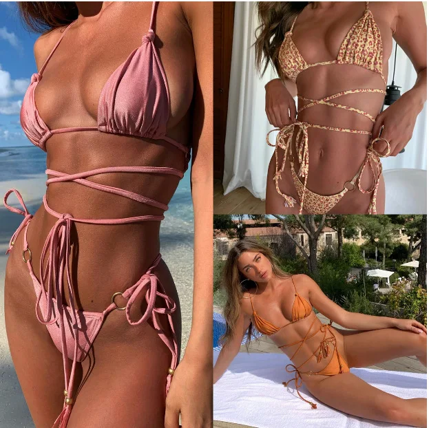 Europe and the United States hot selling pleated thin straps solid color suspenders design sexy two-piece bikini thong swimsuit