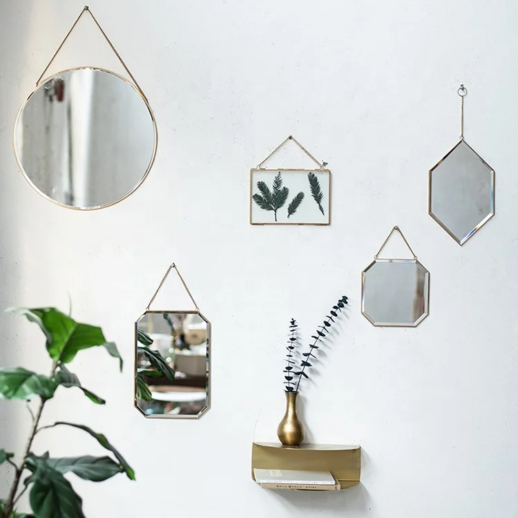 hot sale simple design modern round mirror gold decorative wall mirrors with chain for living room