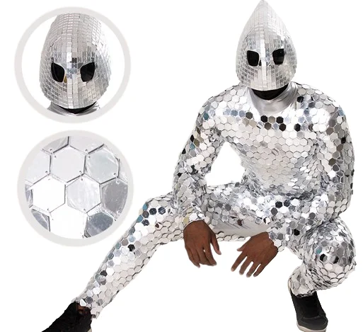 Silver sparkly mirror bodysuit space show stage alien reflective mirror man costume glass cosplay party dancer costume