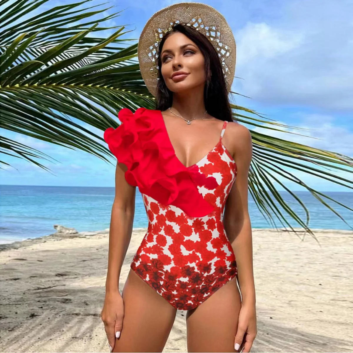 Baishiwei 2024 New Bikinis One Shoulder One Pieces +Bohemian Dress for Women Summer Floral Beach Cover Up V-Neck Swimsuit Beach
