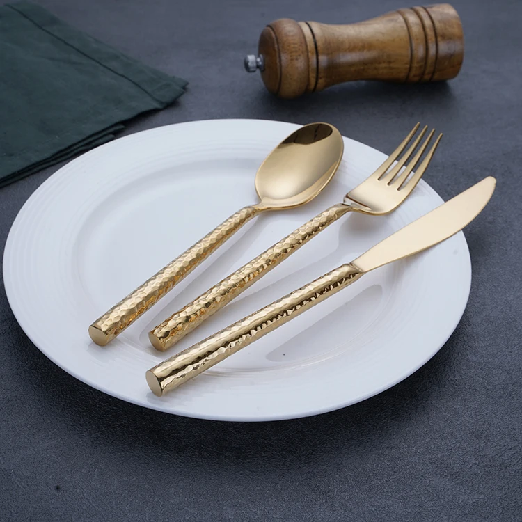 Heavy Silverware Wedding Stainless Steel 18/10 Titanium Plated Hammered Gold Cutlery Set