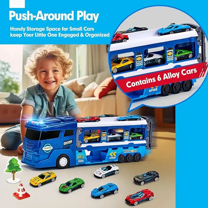 2025 Transport Car Carrier Truck -with 6 Cars Race Track Play Set With Lights Sounds Kids Gifts(blue)