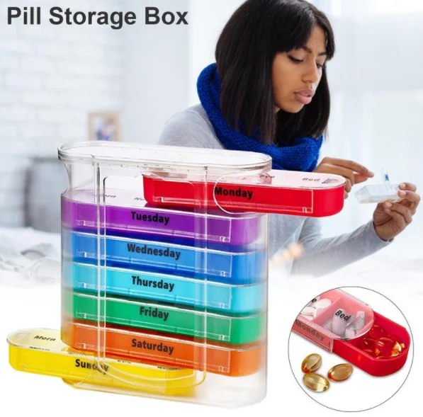 Portable Transparent Support rainbow 7-layer 28 Grid Pill Manager Stackable Drawer Moisture-proof Plastic