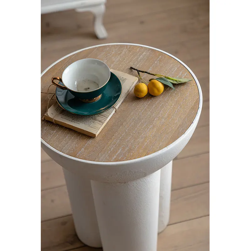 French Country Tea Table Minimalist White Small Round Coffee Table Wooden Top Bed Side Table Bedroom