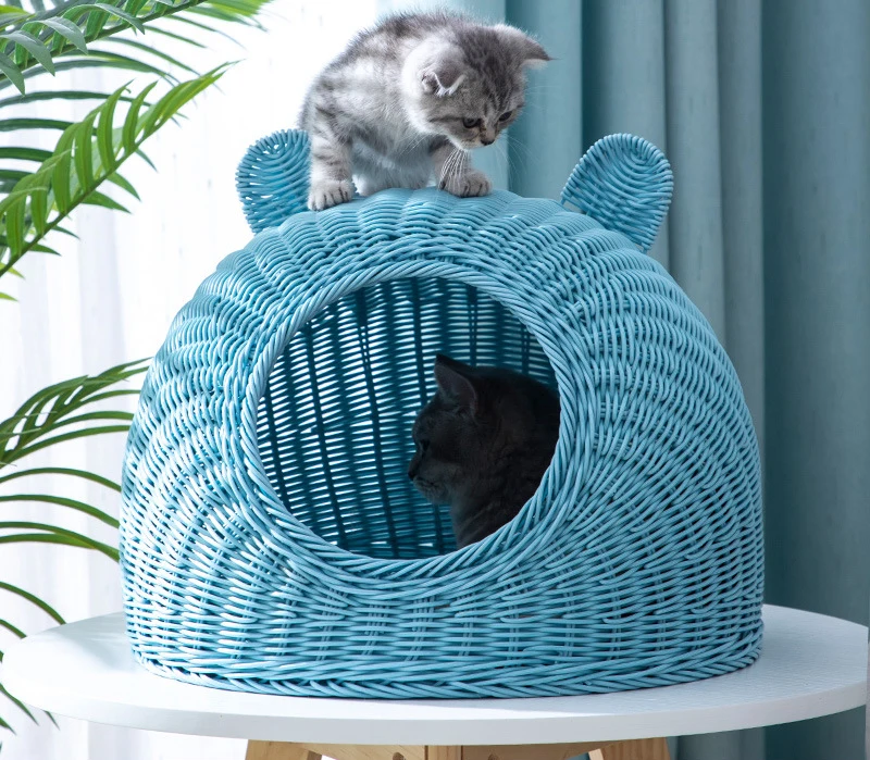 Wholesale Cute Pet Product Cages Houses Summer Washable Eco Friendly PE Rattan Cat Houses Bed