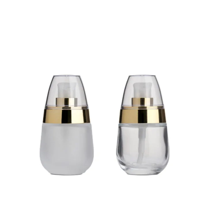 30ml Empty frosted matte glass pump bottle with aluminum line and lid Unique luxury cosmetic cream jar Lotion container