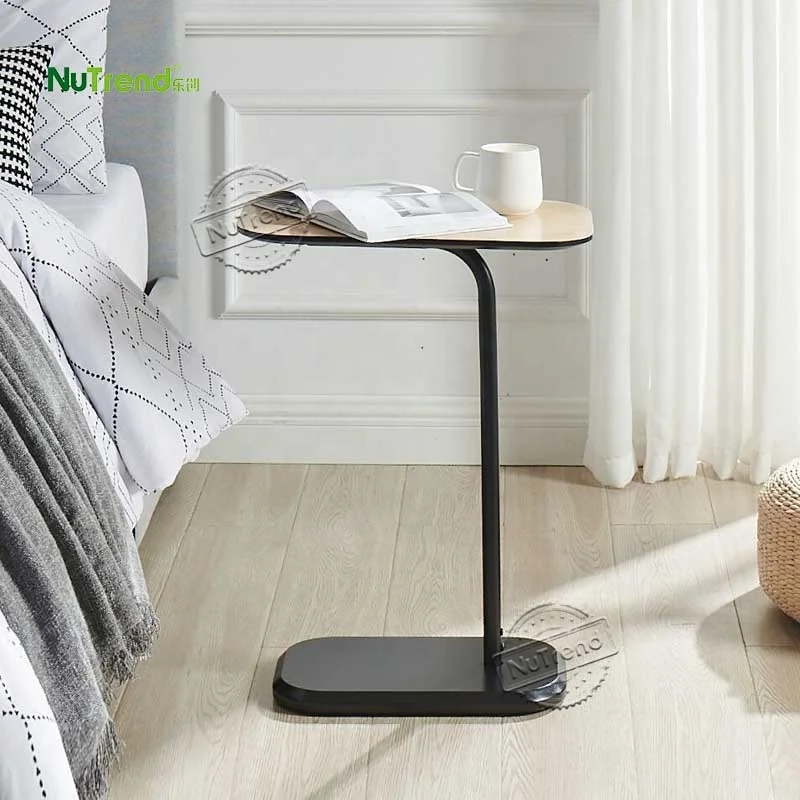 Wood Veneer Metal C-Shaped Small Living Room Sofa End Snack TV Tray Table  Modern C Side Table