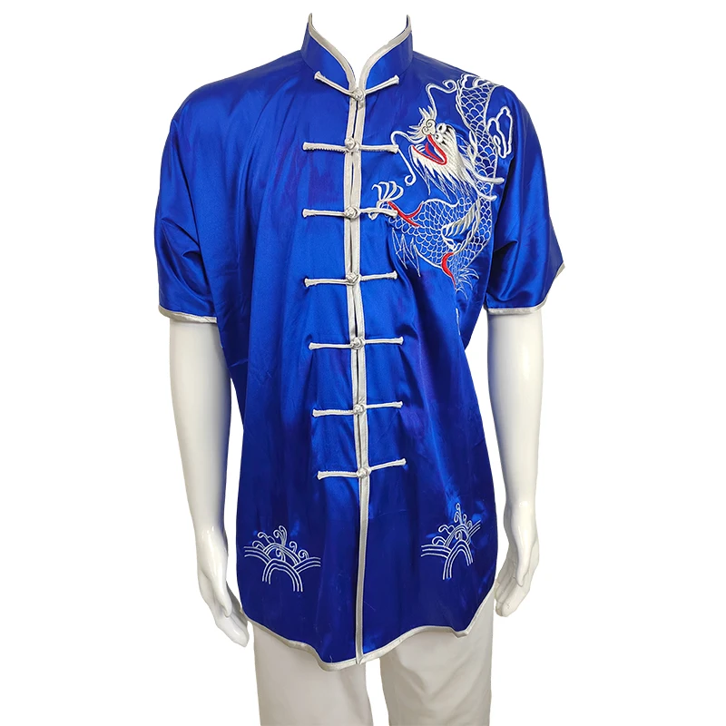 Chinese Traditional Dragons Embroidery Comfortable Soft Touch White Blue Irregular Kungfu Wears