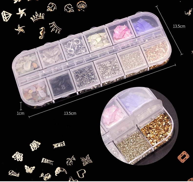 New  12 Grid Long Strip Box  Crystal Nail Art Mixed Shape Metal/pearl/shell Mixed color DIY Nail Art 3D Decoration