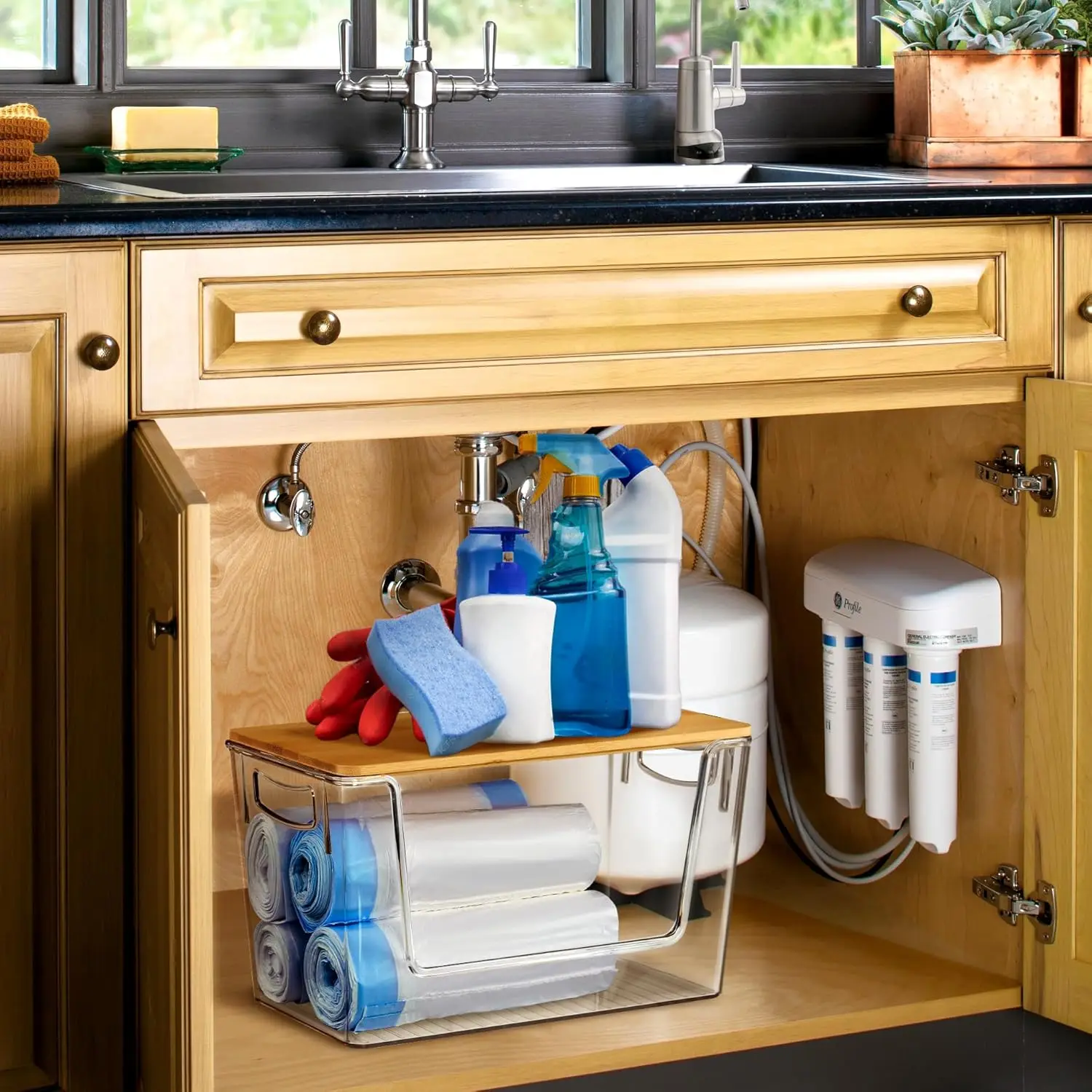 kitchen under sink Extra Large fine liner trash bags dispenser acrylic trash bag holder for bottom of can