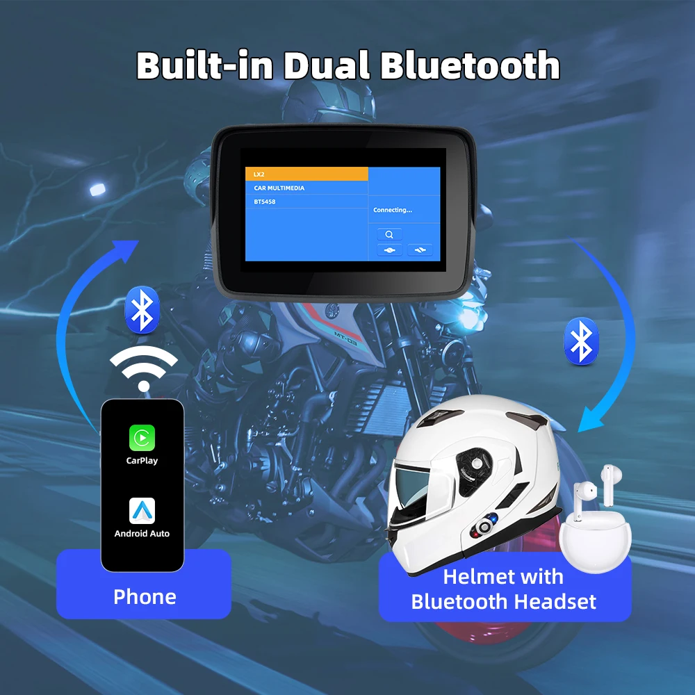 EKIY 5 inch Motorcycle Wireless CarPlay Android Auto Screen Motorcycle Navigation Wireless Carplay Motorcycle IP67 Waterproof