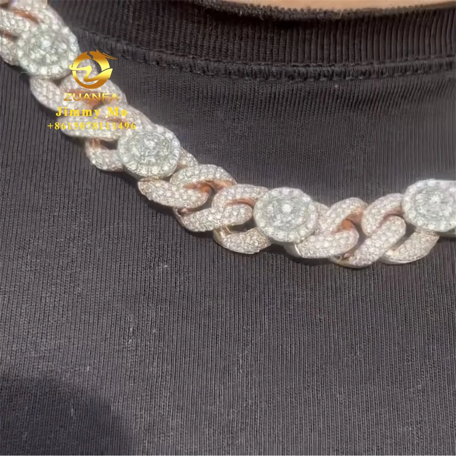 New Style Popular 18mm Width  Iced Out Man Hip Hop Jewelry Pass Diamond Tester VVS1 Moissanite Flower Cluster Cuban Link Chain