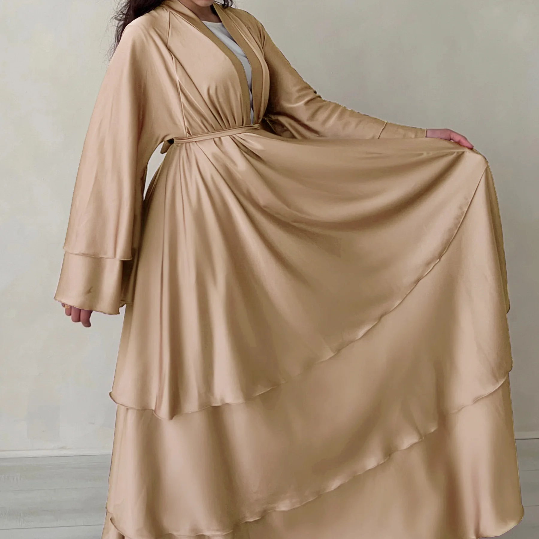 2024 Islamic Clothing Eid Dubai Elegant Modest Abaya Women Muslim Dress 3 Layers High Quality Satin Silk Open Abaya