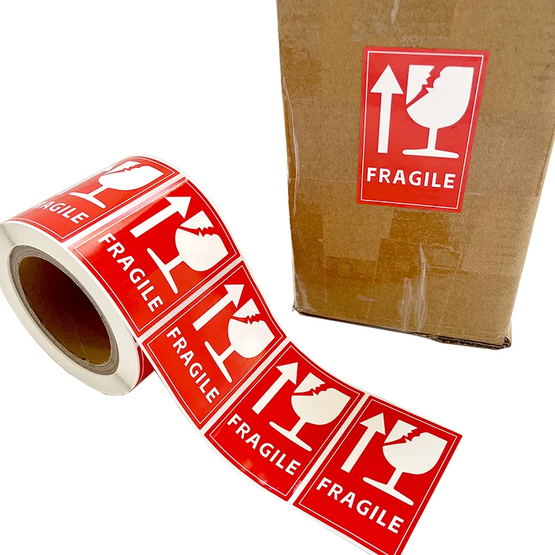 Custom Printing Breakable Red Warning Shipping Fragile Private Package Label Stickers Roll in Stock