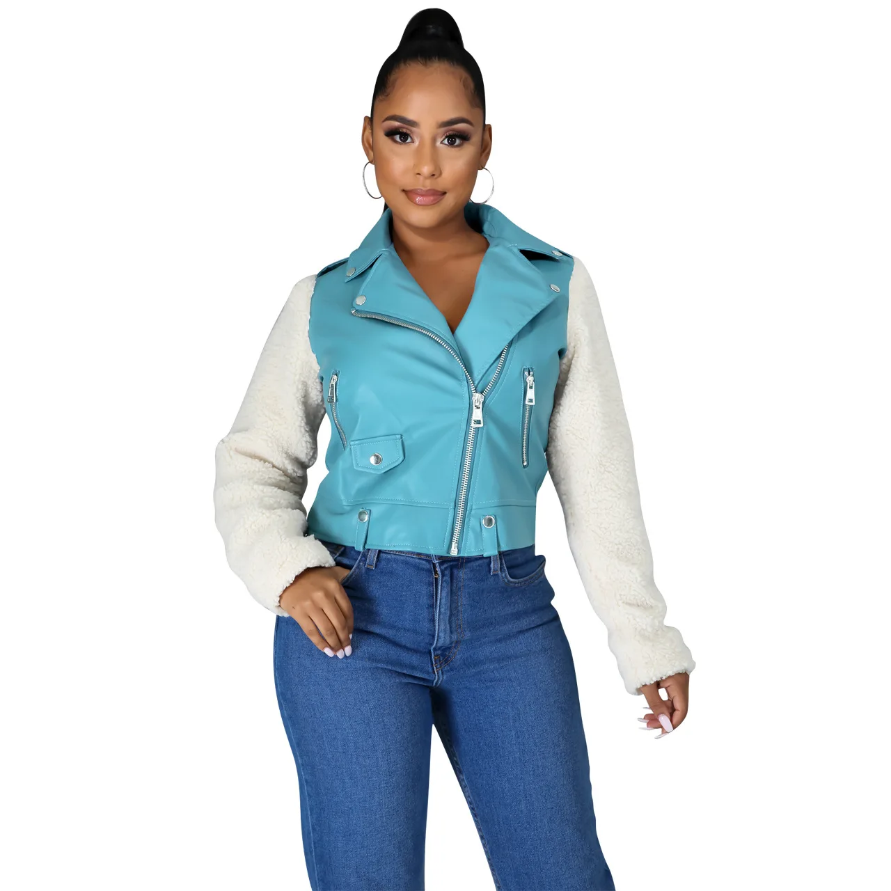 
Custom Pu Leather Motorcycle Jacket Women Zipper Turndown Collar Thick Waterproof Fleece Jacket 