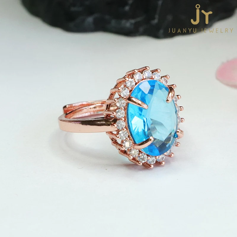 Oval Shape Blue Cubic Zirconia Rings Wholesale Jewelry Stone Luxurious Coloured Glaze Rings Healing Crystal and Topaz Rings