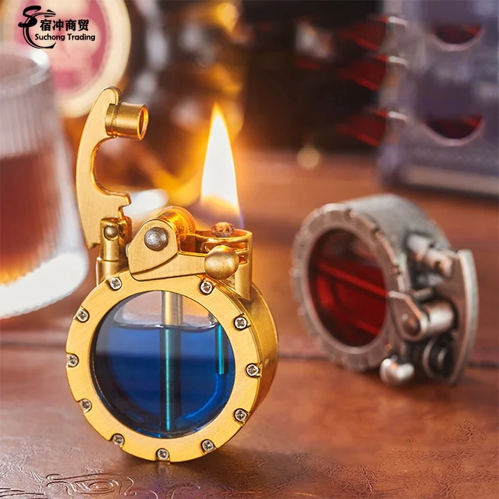 Wholesale Novelty Round Shape Grinding Wheel Visual Color Oil Storage Metal Rocker Arm Kerosene Lighter