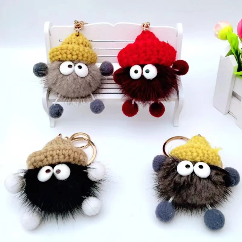 Wholesale 7cm Knitted Hat Mini Coal Ball Keychain Pendant Accessory Colorful Coal Ball Car Bag Keyring Ornaments