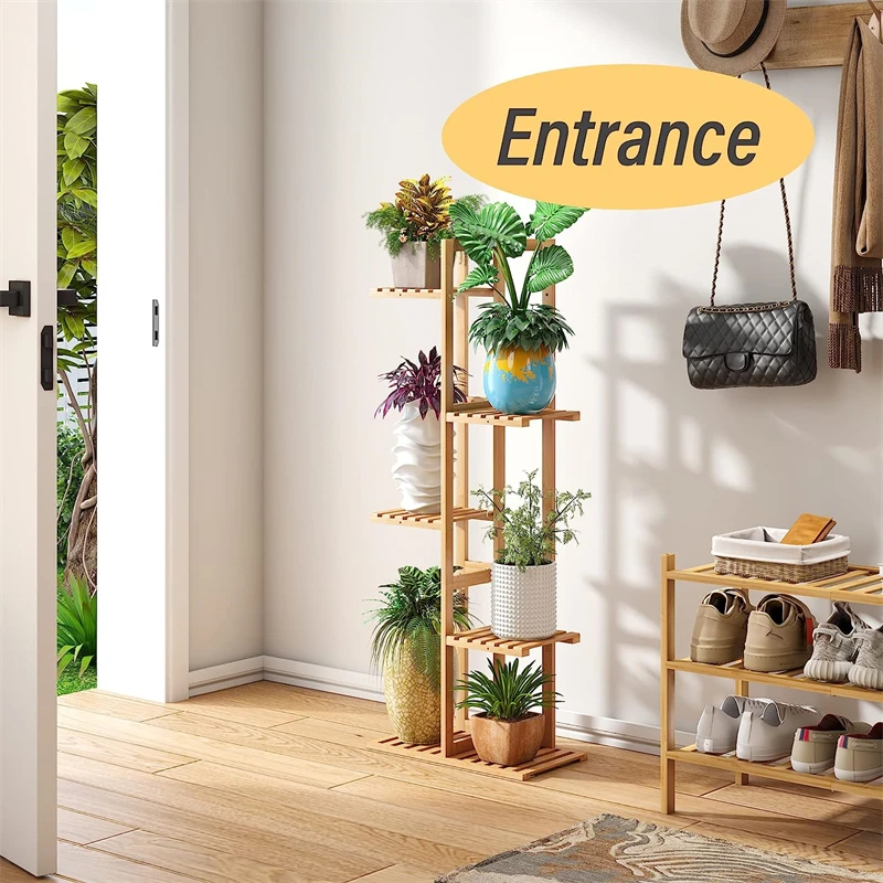 Hot Sales 5 Tier 6 Potted Tall Flower Stand Outdoor Bamboo Wooden Large Plant Stand Shelf