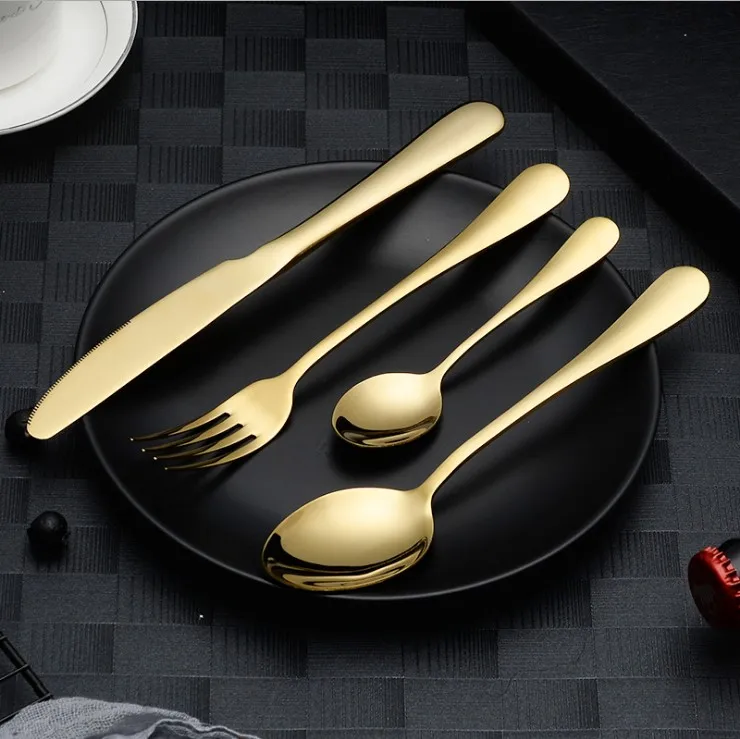 24 Pcs Plated Gold Spoon Fork Knife Cutlery Set with Box Stainless Steel Flatware for Wedding