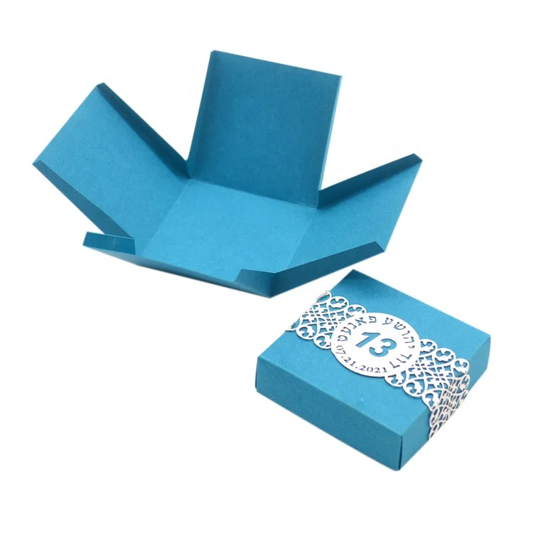 Creative jewish bar mitzvah teal color gifts surprised box with laser custom hebrew name band decoration