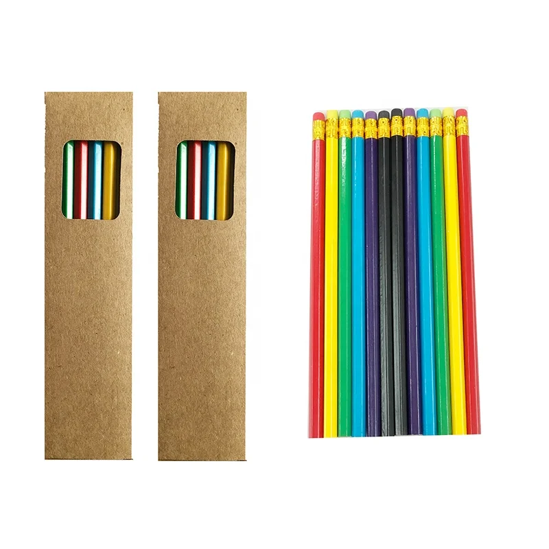 Kraft Box Package Graphite #2 HB No. 2 Hexagonal Wood Pencil Set For Kids Multiple Coating Colors