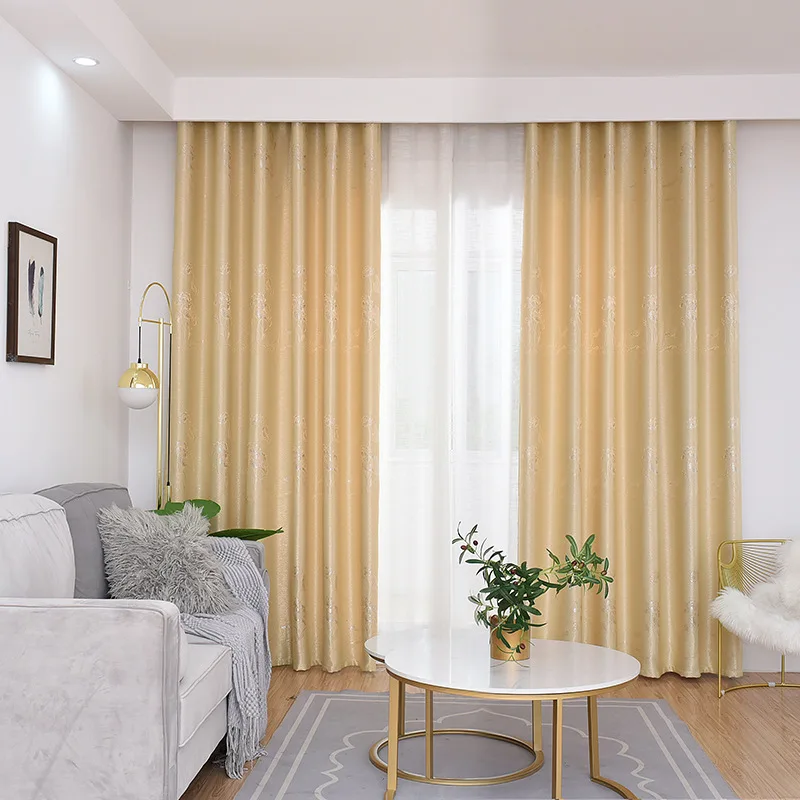 High Shading Golden Jacquard Quality Grommet Flower Hotel Decor Bedroom Window Curtain Latest Design Ready Made Drapes