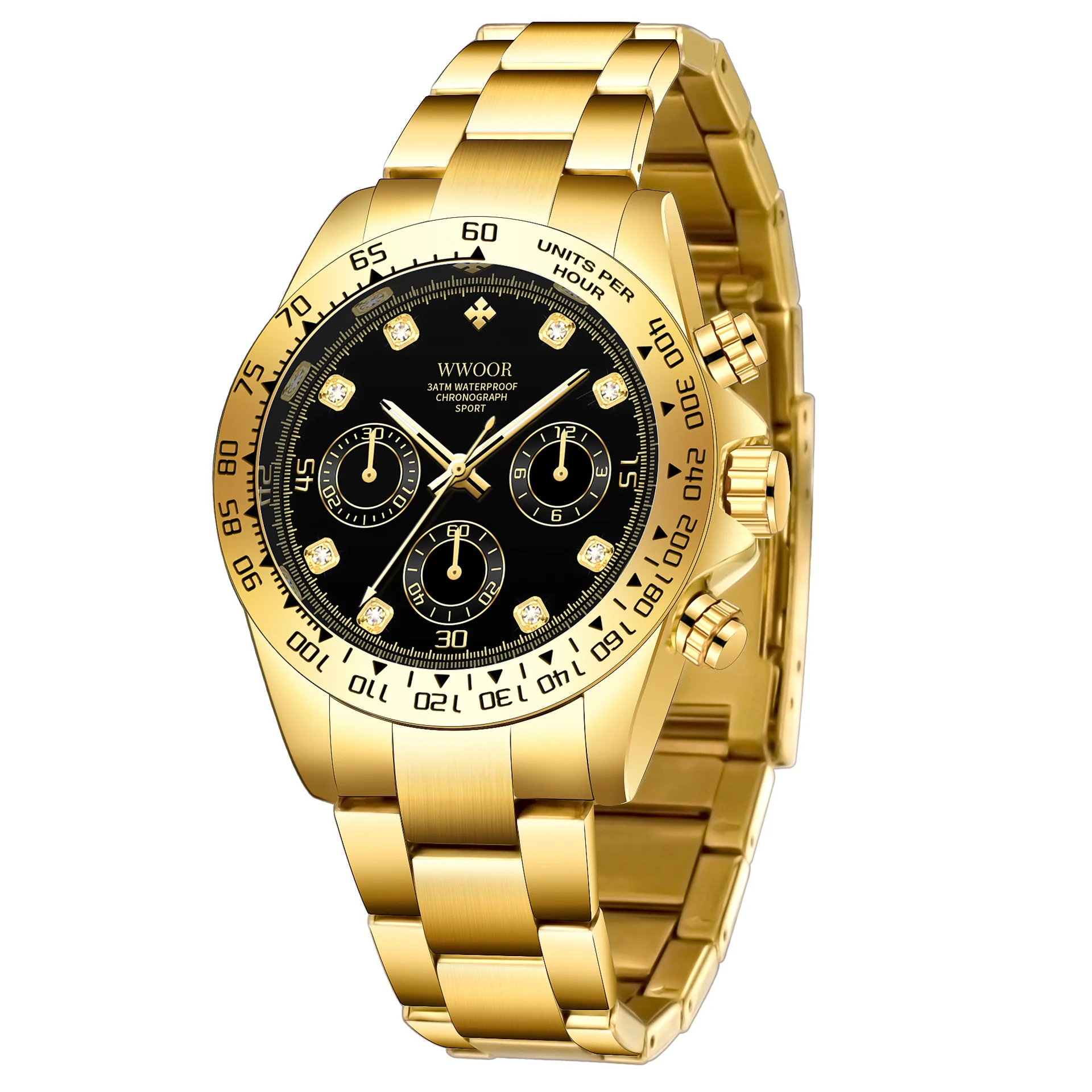 High quality wwoor gold quartz luxury charm chronograph second hand watch sports stainless steel men waterproof quartz watch