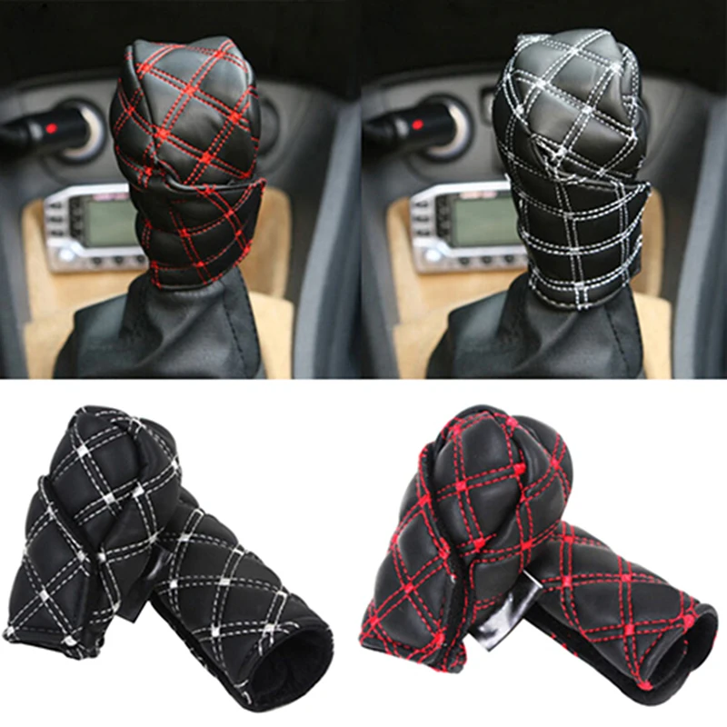2Pcs/Set Faux Leather Hand Brake Shift Knob Cover Gear Case Car Interior Decor Car Gear Knob Cover