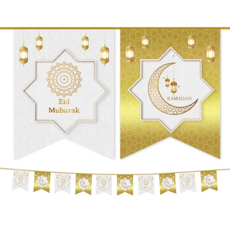 MorSun Eid Mubarak Bunting Banner with Lantern Moon Castle Garland Sign for Ramadan Festival Celebration Party Decorations