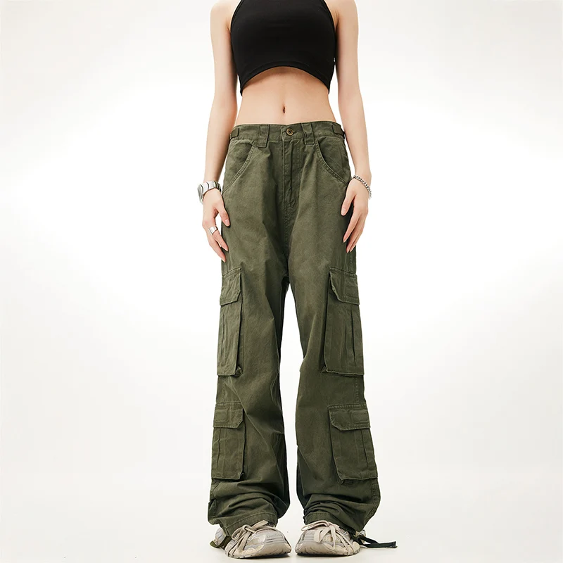 Wholesale Y2K Streetwear Cut Out Multi Pocket Green Low Rise Baggy Cargo Straight Leg Pants Low Moq Women