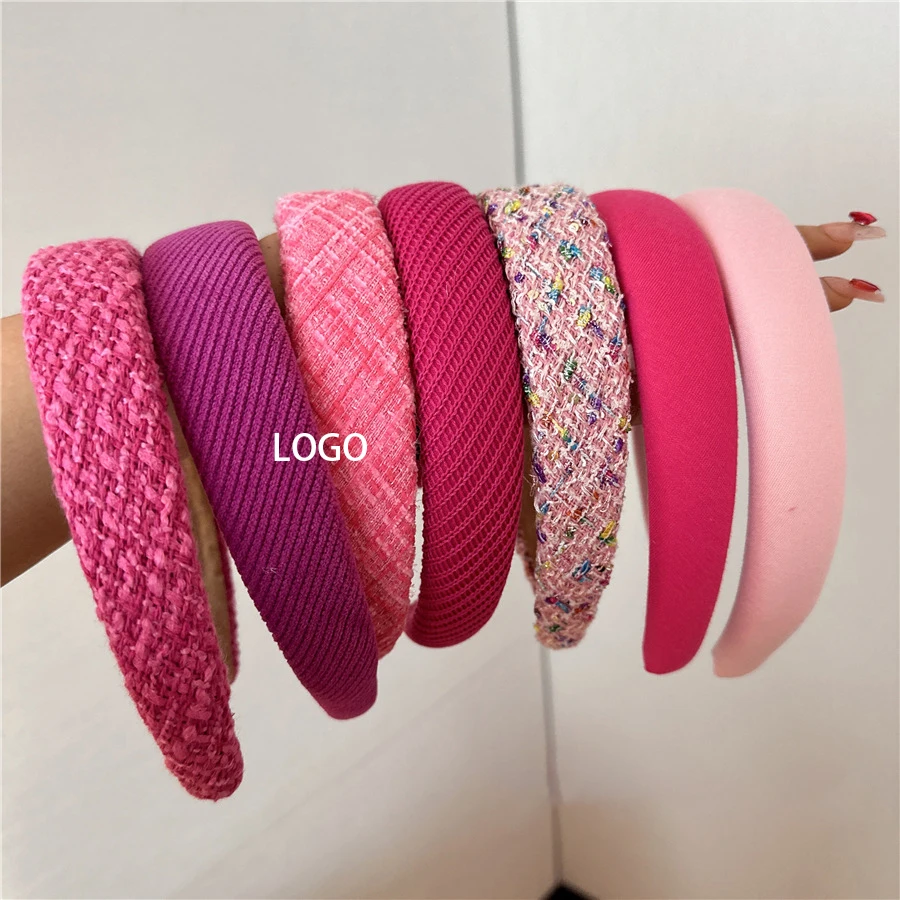 Catalog Famous Luxury Brand Designer Accessories Women Girls Wide Sponge Padded Hairband Thick Winter Tweed Fabric Pink Headband