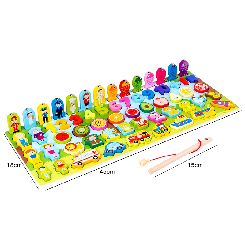 Montessori Educational Wood Toy Multifunctional Character Cognitive Shape Matching Building Block Animal Fishing Busy Board Toys
