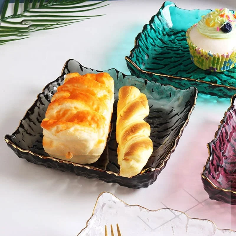 Square Glass Snack Plate Nordic Gold Rim Glass Fruit Salad Dishes and Plates Food Tray for Kitchen