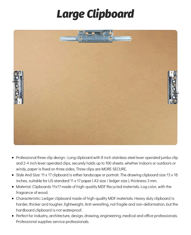8115 Custom Logo Three Clip Extra Large  Clipboard MDF A3 A4 A5 A6 Clip Board