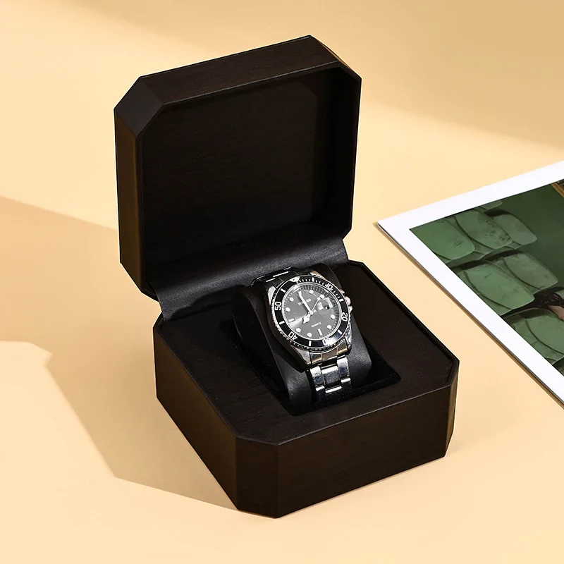 High-end European Style Customization Logo Octagonal  Leather Single Watch Display Case Single Watch Gift Storage Box Black