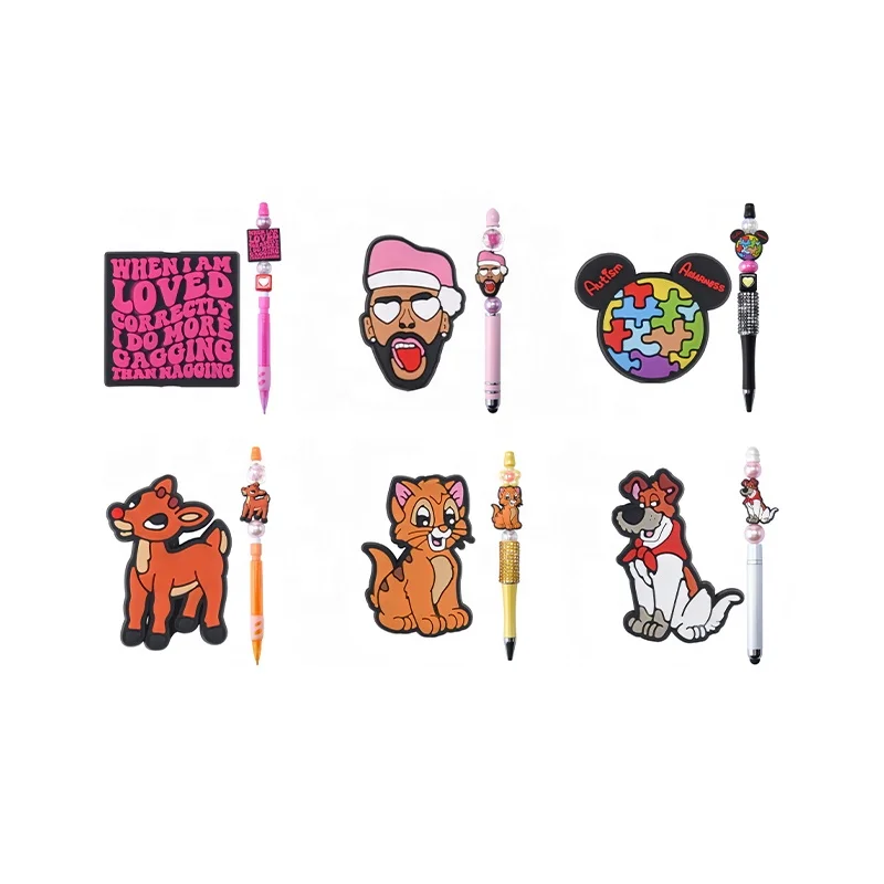Wholesale Cartoon Cats dogs pvc beads Mix Toys Custom Cartoon Bulk Animal Silicone Focal Beads For Beaded Pen
